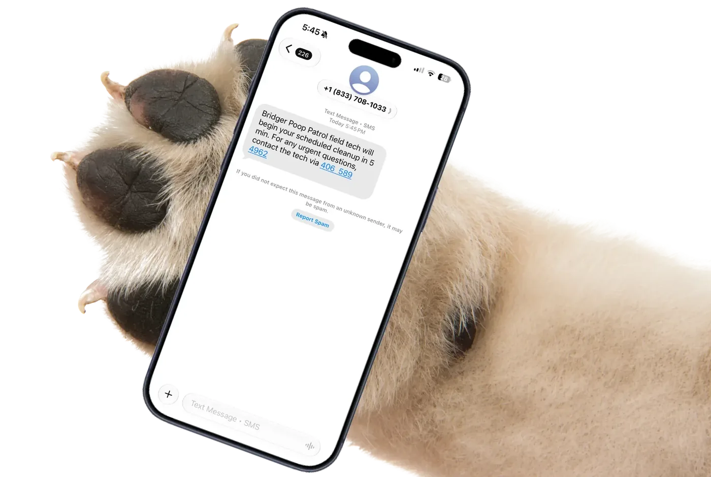A real text from Bridger Poop Patrol: the field tech will begin your scheduled cleanup in 5 minutes, with the tech's direct number for urgent questions
